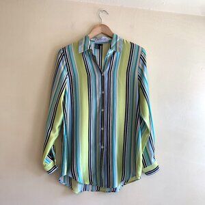 VINTAGE Neon Green Striped Button Up Blouse by Via Condotti 100% Silk Womens Siz